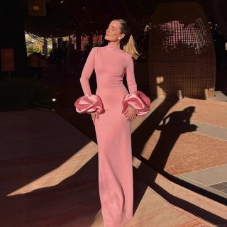 Women Elegant Pink Bodycon Maxi Dress Satin Puff Sleeve High Neck Evening Gown Floor Length Cocktail Party Prom Slim Fit Long Dress For Ladies