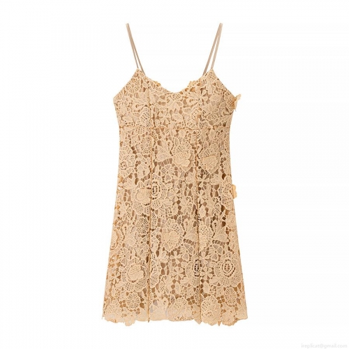 Elegant Apricot Floral Lace Camisole Mini Dress Sexy V Neck Sleeveless Hollow Out Bodycon Party Dress For Women Summer Night Out Fashion