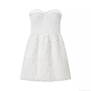 Women's Elegant White 3D Rose Flower Tube Top Mini Dress Satin Corset Bodycon Party Dress Sleeveless Mesh Tulle Short Evening Gown For Wedding Prom Cocktail