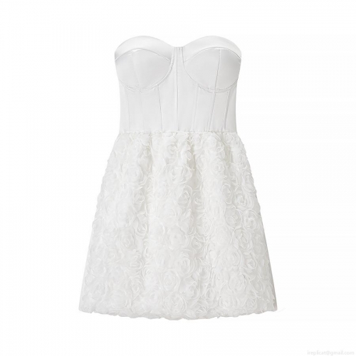 Women's Elegant White 3D Rose Flower Tube Top Mini Dress Satin Corset Bodycon Party Dress Sleeveless Mesh Tulle Short Evening Gown For Wedding Prom Cocktail