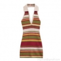 Women Sexy Halter Neck Knit Mini Dress Multicolor Striped Backless Crochet Bodycon Sundress V Neck Retro Bohemian Style Summer Party Club Outfits