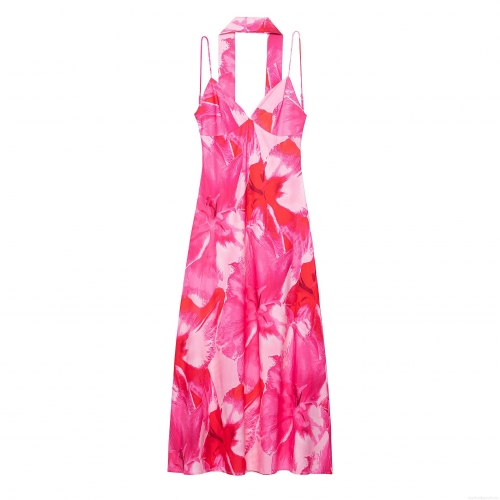 Women's Elegant Floral Print Maxi Dress Halter Backless V Neck Slip Dress Sleeveless Summer Vacation Party Flowy Long Dress 100% Polyester