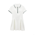 Women Short Sleeve Polo Knit Mini Dress Contrast Trim Pleated Hem Tennis Style A-Line Elegant Casual Polyester Knitted Short Dress For Women