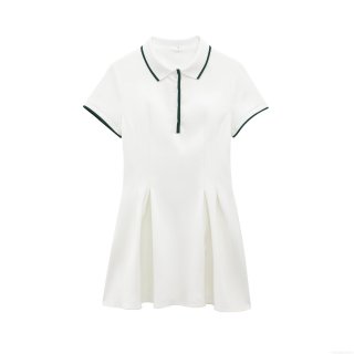 Women Short Sleeve Polo Knit Mini Dress Contrast Trim Pleated Hem Tennis Style A-Line Elegant Casual Polyester Knitted Short Dress For Women