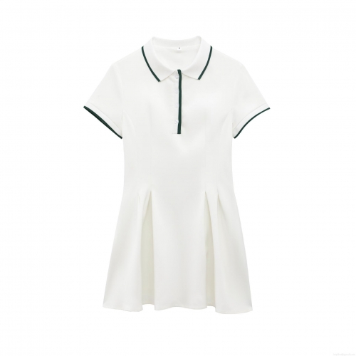 Women Short Sleeve Polo Knit Mini Dress Contrast Trim Pleated Hem Tennis Style A-Line Elegant Casual Polyester Knitted Short Dress For Women