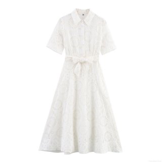 Women's Eyelet Embroidery Maxi Dress 85% Cotton Blend Short Sleeve Shirt Collar Button Down Elegant Hollow Out Lace Long Dress For Summer Party