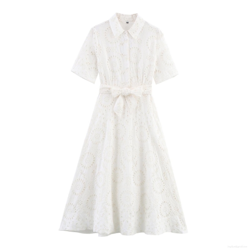 Women's Eyelet Embroidery Maxi Dress 85% Cotton Blend Short Sleeve Shirt Collar Button Down Elegant Hollow Out Lace Long Dress For Summer Party