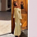 Elegant Off-The-Shoulder Yellow Lace Maxi Dress Women Sexy Flare Sleeve Bodycon Mermaid Long Dress For Wedding Party Evening Date Night
