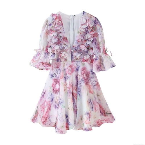 Women Elegant V Neck 3D Floral Applique Chiffon Mini Dress Pink Purple Flower Print Puff Sleeve Short Party Dresses With Lining For Lady Summer Vacation