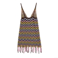 Women Crochet Knitted Mini Dress Bohemian Zigzag Wave Print Sleeveless V-Neck Spaghetti Strap Bodycon Dress With Tassel Fringe For Summer Beach Vacation Party
