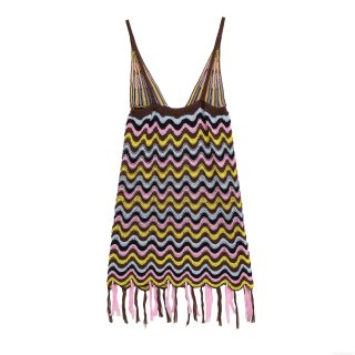 Women Crochet Knitted Mini Dress Bohemian Zigzag Wave Print Sleeveless V-Neck Spaghetti Strap Bodycon Dress With Tassel Fringe For Summer Beach Vacation Party