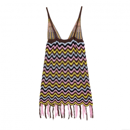 Women Crochet Knitted Mini Dress Bohemian Zigzag Wave Print Sleeveless V-Neck Spaghetti Strap Bodycon Dress With Tassel Fringe For Summer Beach Vacation Party
