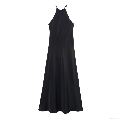 Women's Elegant Satin Halter Maxi Dress Solid Color Backless Sleeveless V-Neck Silk Texture Evening Party Long Dress For Ladies