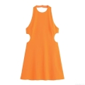 Sexy Women Halter Neck Backless Mini Dress Polyester Crepe Waist Cutout A-Line Party Dress For Summer Vacation Dating Orange Sleeveless Dress