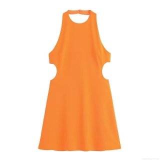 Sexy Women Halter Neck Backless Mini Dress Polyester Crepe Waist Cutout A-Line Party Dress For Summer Vacation Dating Orange Sleeveless Dress