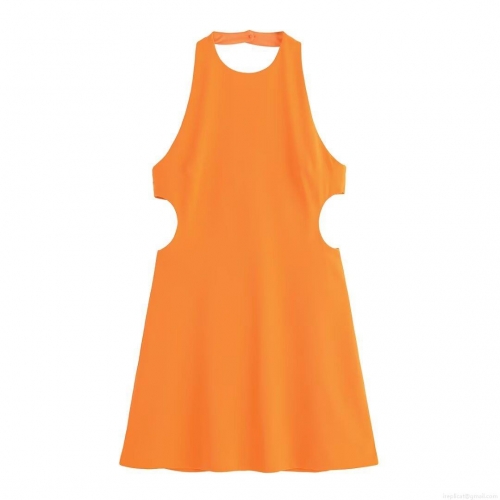 Sexy Women Halter Neck Backless Mini Dress Polyester Crepe Waist Cutout A-Line Party Dress For Summer Vacation Dating Orange Sleeveless Dress
