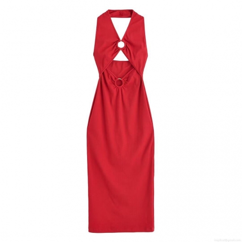 Women Sexy Halter Neck Hollow Out Ribbed Knit Midi Dress With Metal Ring Bodycon Backless Solid Color Polyester Party Dress