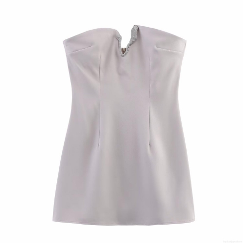 Women's Sexy Strapless Mini Dress Rhinestone V-Notch Detail Polyester Bodycon Evening Party Short Dress Clubwear For Ladies