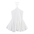 Elegant White Halter Neck V-Neck Mini Dress Lace Patchwork Tiered Ruffle Skirt Backless Sleeveless Cotton Blend Summer Dress For Women Party Dating Celebrity Style