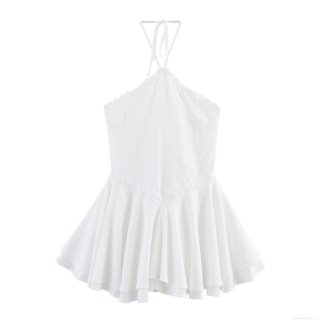 Elegant White Halter Neck V-Neck Mini Dress Lace Patchwork Tiered Ruffle Skirt Backless Sleeveless Cotton Blend Summer Dress For Women Party Dating Celebrity Style