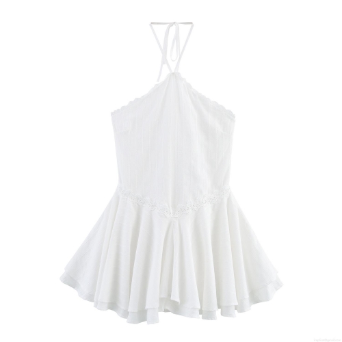 Elegant White Halter Neck V-Neck Mini Dress Lace Patchwork Tiered Ruffle Skirt Backless Sleeveless Cotton Blend Summer Dress For Women Party Dating Celebrity Style