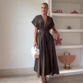 Women Elegant Deep V Neck Pleated Maxi Dress Polyester Blend Sleeveless Waist Tie Long Dress For Vacation Party Casual Boho Summer Sundress
