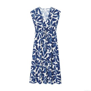 Women's Elegant V-Neck Sleeveless Floral Print Maxi Dress Drawstring Waist Polyester Long Sundress for Summer Party Vacation