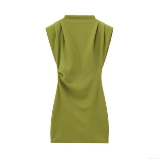 Elegant Mock Neck Sleeveless Ruched Shoulder Pad Bodycon Dress For Women Sexy Side Pleated Polyester Mini Party Cocktail Night Club Dress