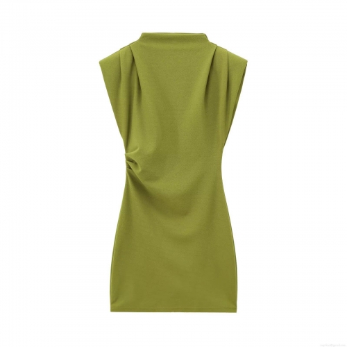 Elegant Mock Neck Sleeveless Ruched Shoulder Pad Bodycon Dress For Women Sexy Side Pleated Polyester Mini Party Cocktail Night Club Dress