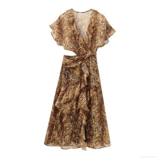 Women Elegant Snake Print Maxi Dress Sexy V-Neck Cut-out Waist Layered Ruffle Short Sleeve Chiffon Dress For Party Vacation Ladies Long Dress