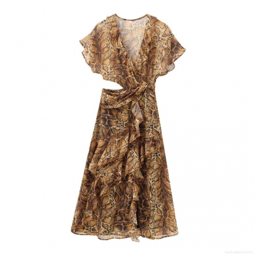 Women Elegant Snake Print Maxi Dress Sexy V-Neck Cut-out Waist Layered Ruffle Short Sleeve Chiffon Dress For Party Vacation Ladies Long Dress