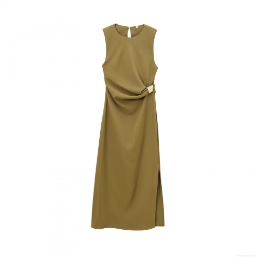 Women's Sleeveless Maxi Dress Polyester Twisted Waist Detail With Shoulder Pads Side Split Elegant Round Neck Solid Color Long Dress For Party Club Wedding Guest Evening Style