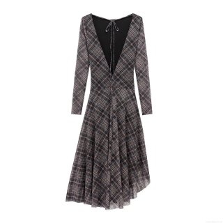 Women's Elegant Plaid Mesh Long Sleeve Dress Backless V-Neck Tie Ruched Pleated Irregular Hem Party Evening Sexy Midi Maxi Dress