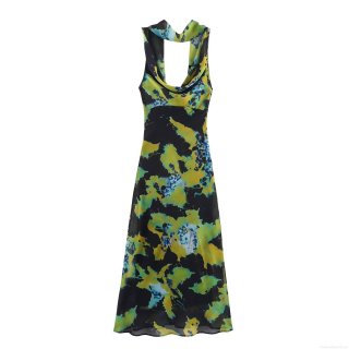 Women's Scarf Neck Abstract Print Maxi Dress Chiffon Polyester Sleeveless V-Neck Halter Backless Elegant Slim Fit Party Evening Long Dress For Lady