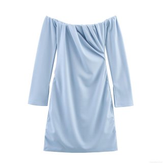 Women's Off-The-Shoulder Pleated Mini Dress Elegant Slim Fit Long Sleeve Solid Color Draped Bodycon Party Club Dress For Ladies