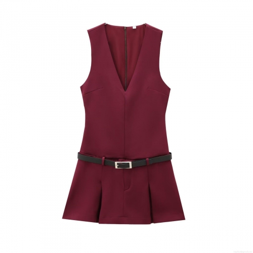 Women's Elegant Burgundy V-Neck Sleeveless Mini Dress With Black Belt Pleated Woven Polyester Dress For Party Daily Dating Summer Casual Sexy Outfit