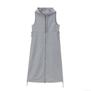 Women's Sleeveless Hooded Maxi Dress Elegant Taslon Fabric Windproof Long Vest Dress With Adjustable Heart Drawstring Waist Solid Color Casual Outdoor Outfit