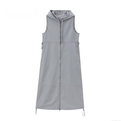 Women's Sleeveless Hooded Maxi Dress Elegant Taslon Fabric Windproof Long Vest Dress With Adjustable Heart Drawstring Waist Solid Color Casual Outdoor Outfit
