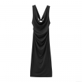 Women's Elegant Cowl Neck Midi Dress Sleeveless Ruched Slim Fit Twist Knot Front Cocktail Party Evening Wedding Guest Dresses