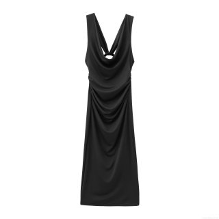 Women's Elegant Cowl Neck Midi Dress Sleeveless Ruched Slim Fit Twist Knot Front Cocktail Party Evening Wedding Guest Dresses