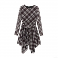 Women's Elegant Plaid Mesh Mini Dress Long Sleeve Asymmetrical Hem Pleated Bodycon Round Neck Short Dress For Party Dating Clubwear Gauze Fashion