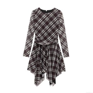 Women's Elegant Plaid Mesh Mini Dress Long Sleeve Asymmetrical Hem Pleated Bodycon Round Neck Short Dress For Party Dating Clubwear Gauze Fashion