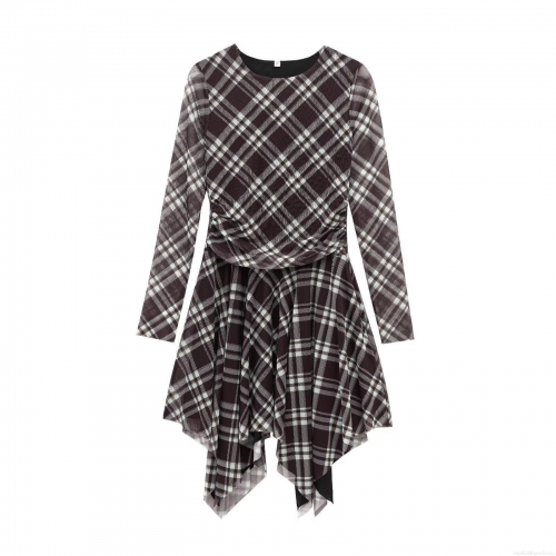 Women's Elegant Plaid Mesh Mini Dress Long Sleeve Asymmetrical Hem Pleated Bodycon Round Neck Short Dress For Party Dating Clubwear Gauze Fashion