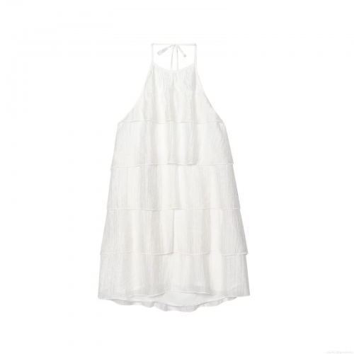 Women Elegant White Halter Backless Layered Dress Sleeveless Pleated Tencel Mini Dress Summer Party Vacation Celebrity Style Sexy Tiered Sundress