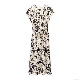 Women's Elegant Floral Print Maxi Dress Satin Textured Twist Waist Round Neck Short Sleeve A-Line Long Dress For Party Vacation Daily Wear