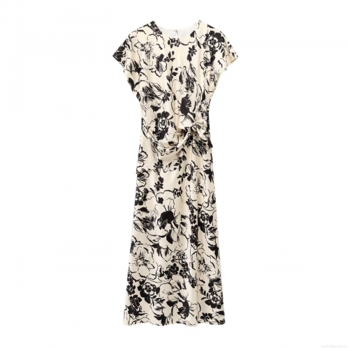 Women's Elegant Floral Print Maxi Dress Satin Textured Twist Waist Round Neck Short Sleeve A-Line Long Dress For Party Vacation Daily Wear