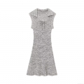 Women Elegant Knit Sleeveless Mini Dress Marled Grey White Bow Tie Front Lapel Collar A-Line Short Dress For Summer Casual Party Dating Streetwear