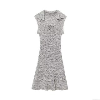 Women Elegant Knit Sleeveless Mini Dress Marled Grey White Bow Tie Front Lapel Collar A-Line Short Dress For Summer Casual Party Dating Streetwear