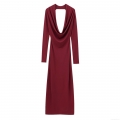 Elegant Burgundy Polyester Cowl Neck Backless Maxi Dress Long Sleeve Pleated Draped Sexy Party Club Dress For Women Evening Celebrity Style