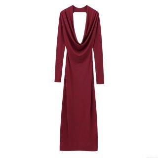 Elegant Burgundy Polyester Cowl Neck Backless Maxi Dress Long Sleeve Pleated Draped Sexy Party Club Dress For Women Evening Celebrity Style